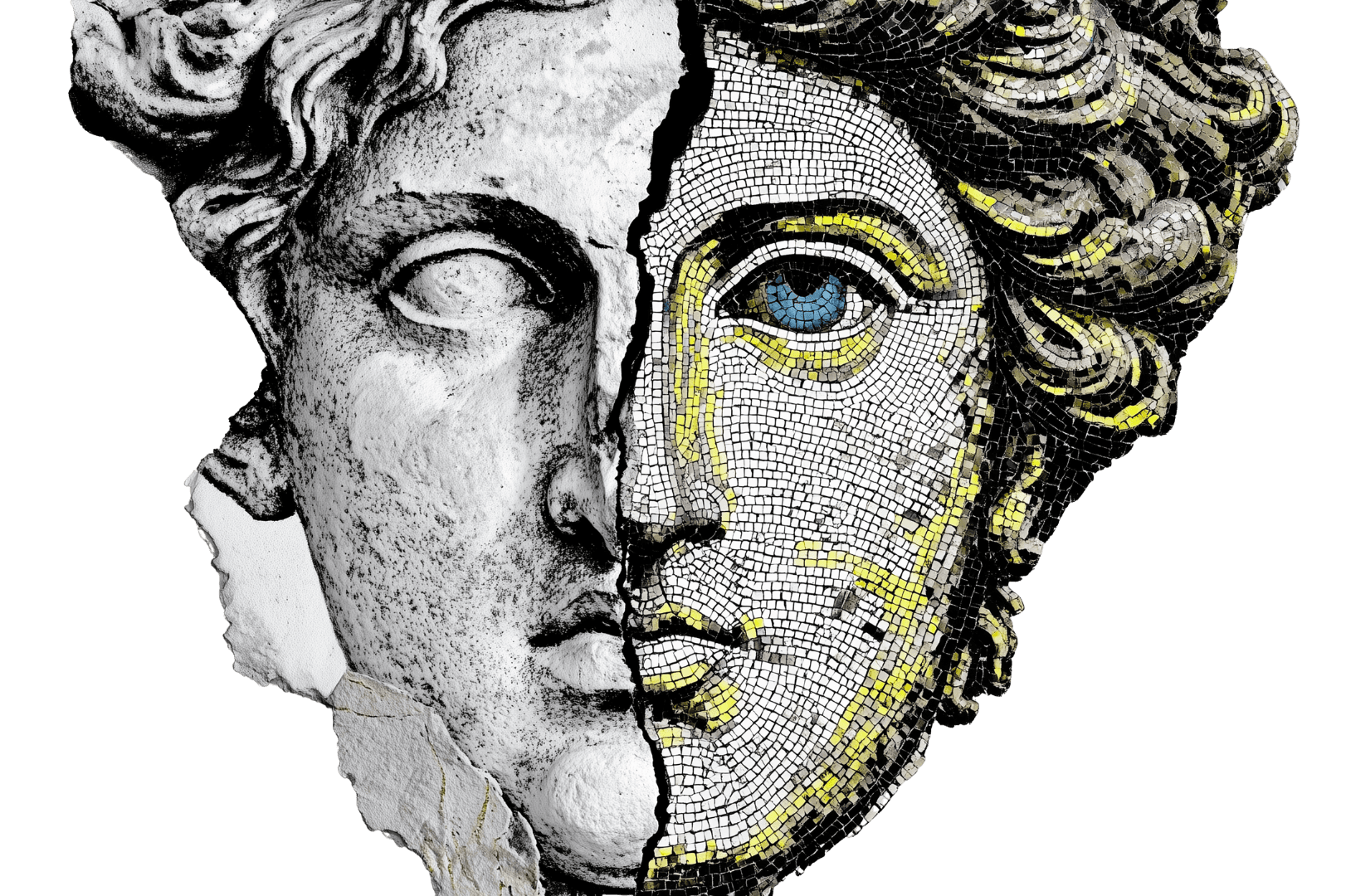 Klassieke marmeren beeldhouwkop die overgaat in een Byzantijns mozaïek met blauw oog en gele lijnen