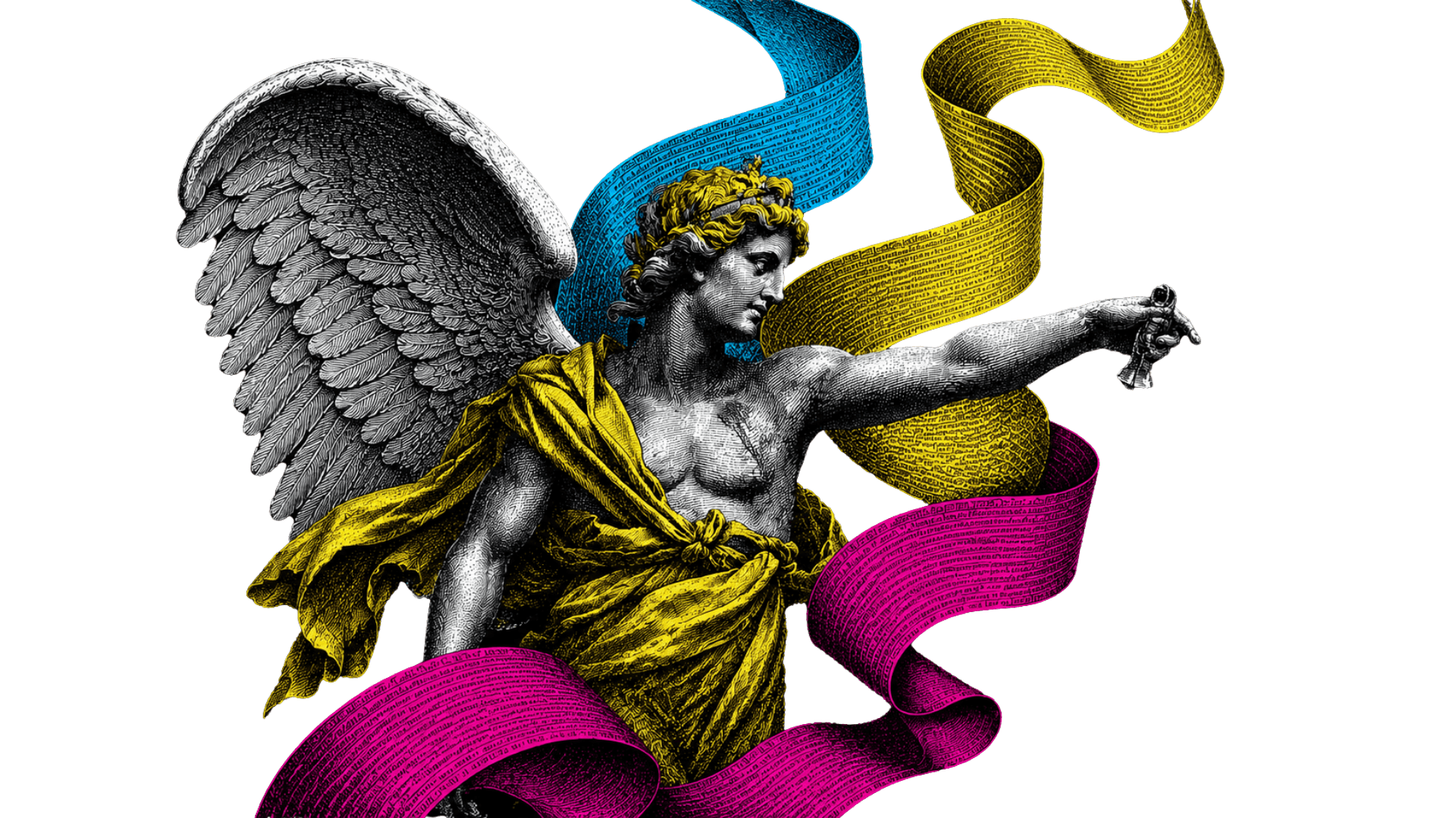 Muze met cyan, yellow en magenta linten als symbool voor data storytelling
