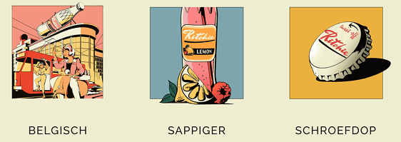 Drie retro illustraties van de website van Ritchie: een straatbeeld met een reuzenflesje, een flesje Lemon met citroen, en een kroonkurk