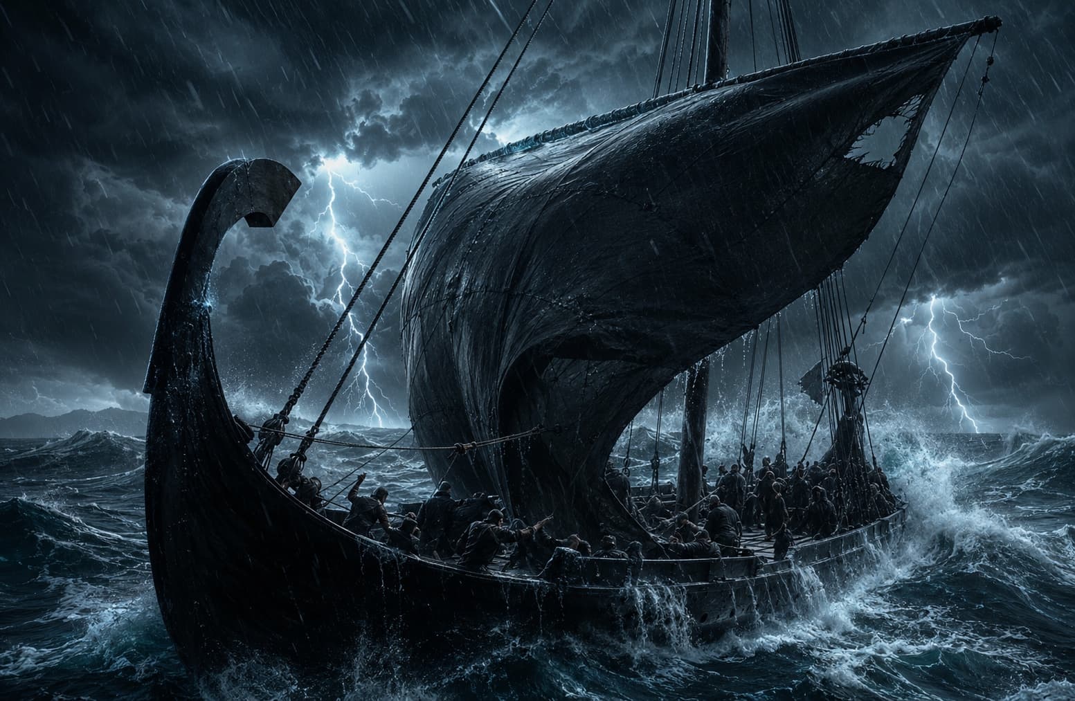 A ship under a torn sail in a lightning storm, the crew crowded on deck.