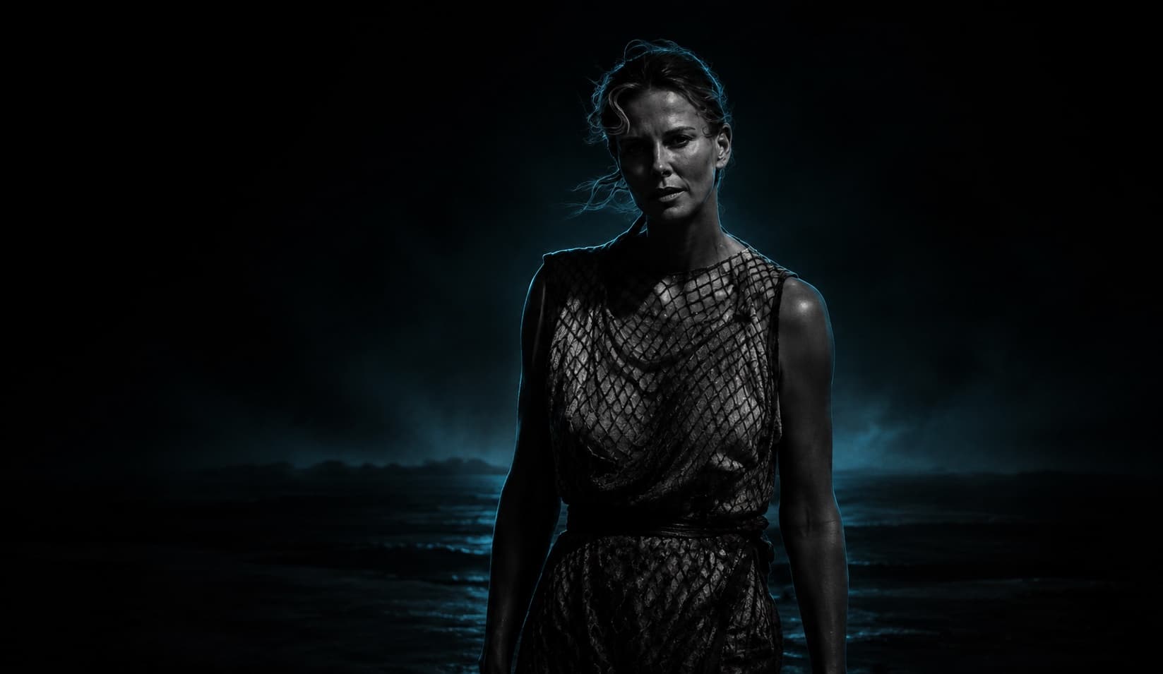 Calypso standing at the water’s edge at night.