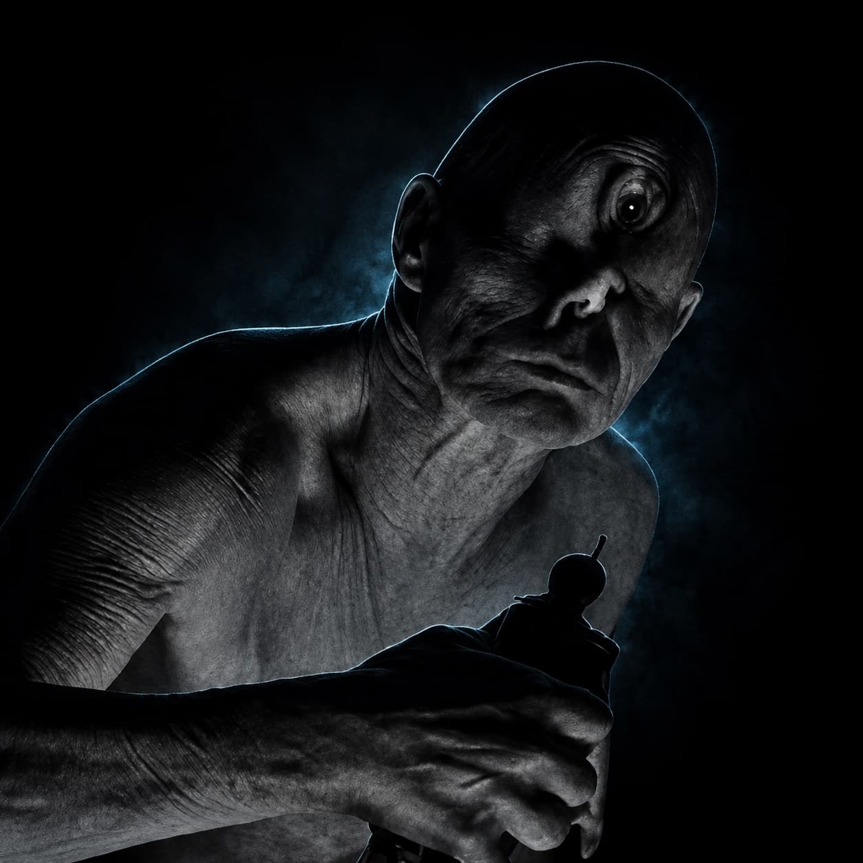 Polyphemus leaning into the light, one eye above the bridge of his nose.