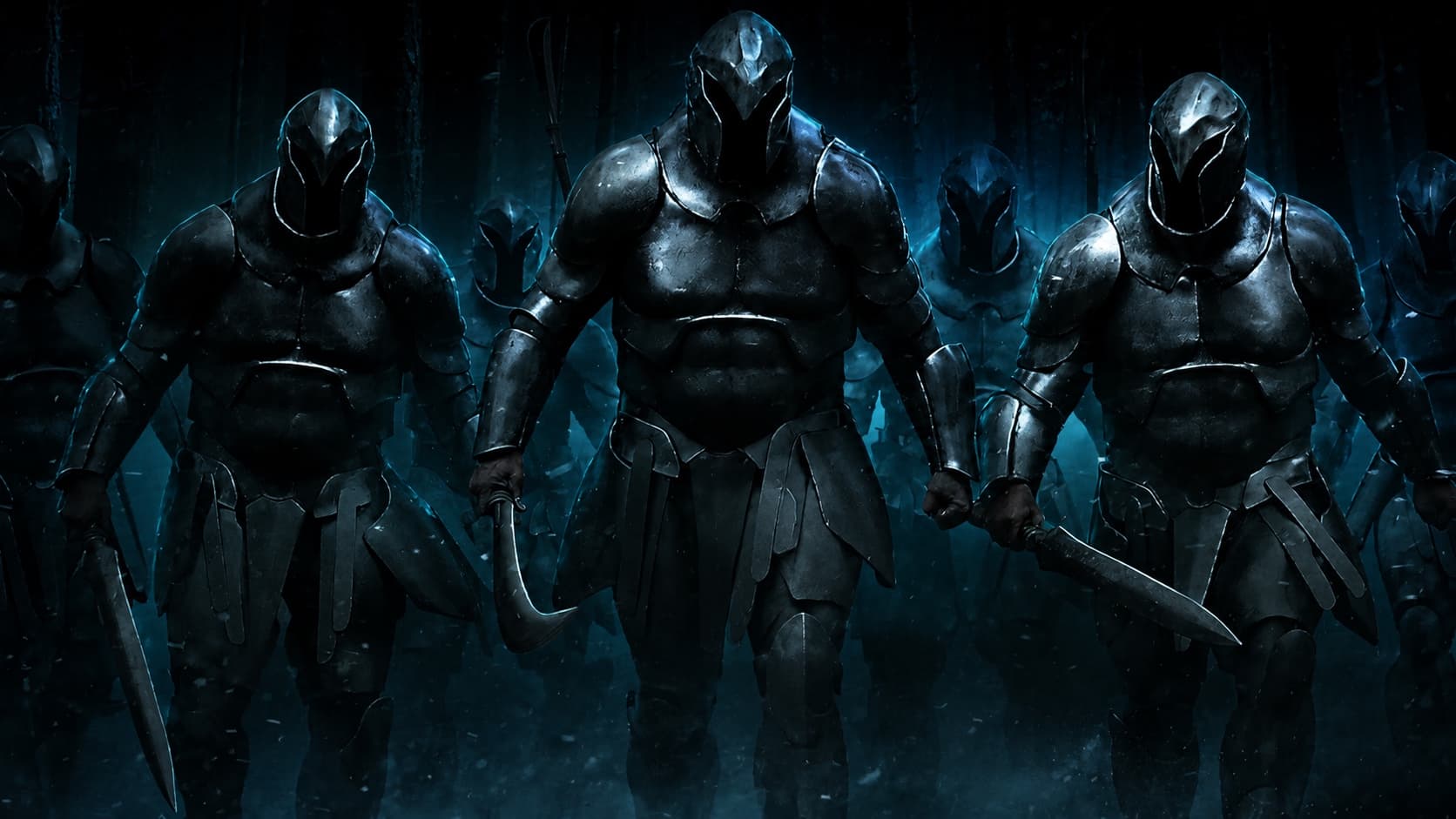 Armoured Laestrygonians walking out of the dark with blades in hand.