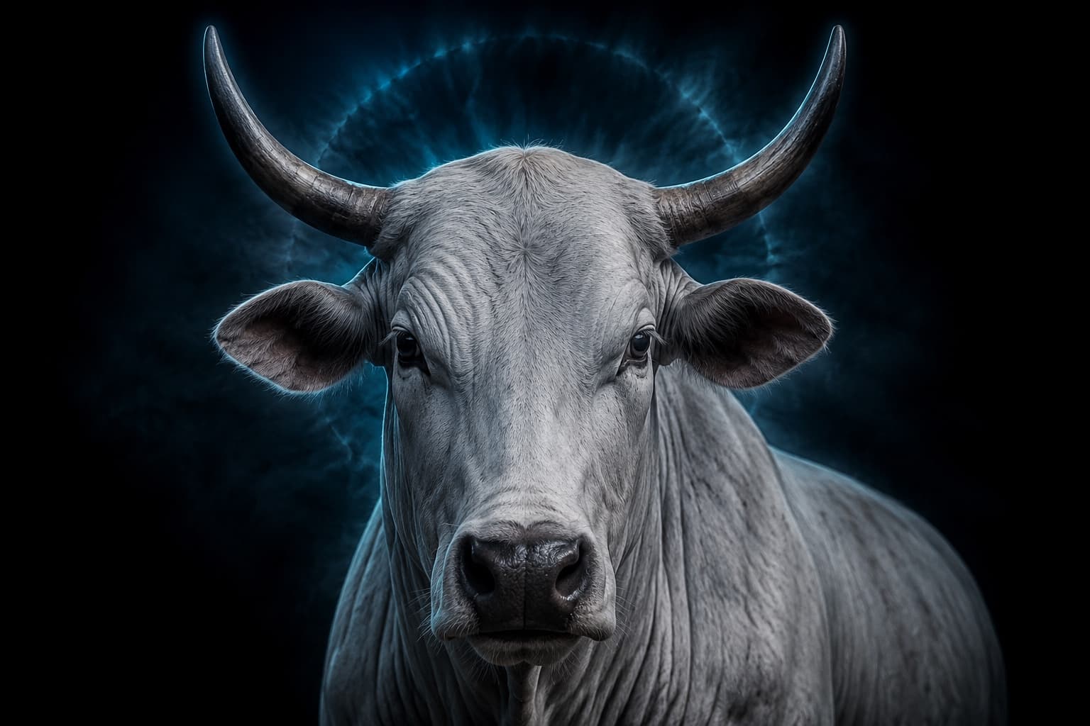 A white bull facing forward, a ring of light behind its head.