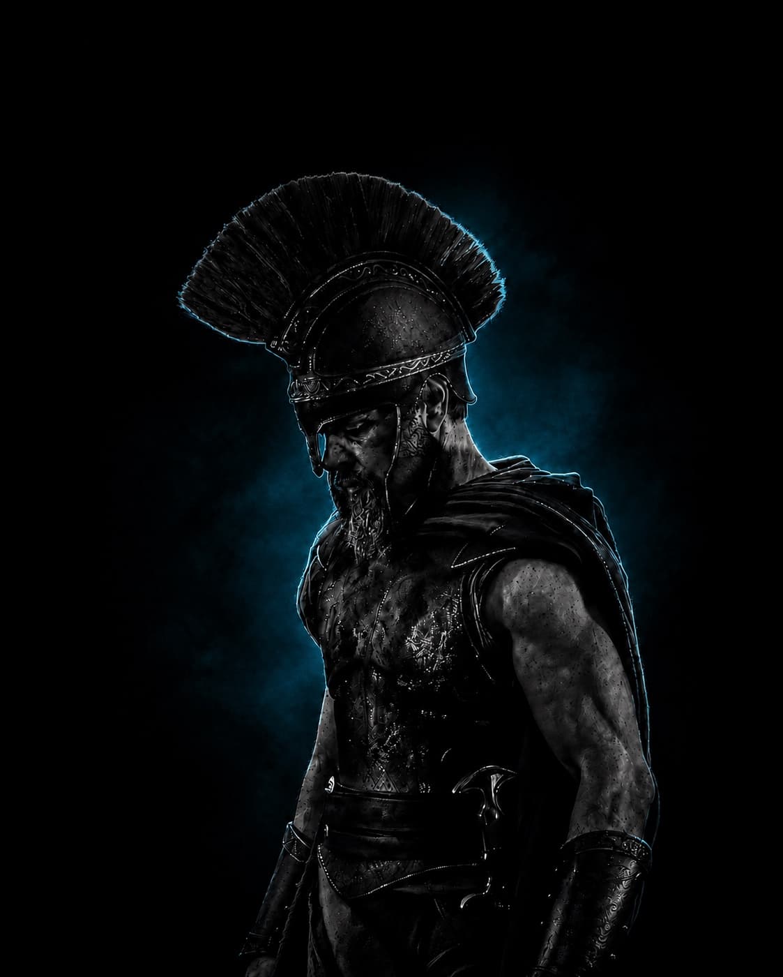 Odysseus in a crested helmet, head lowered, rimmed in blue light.