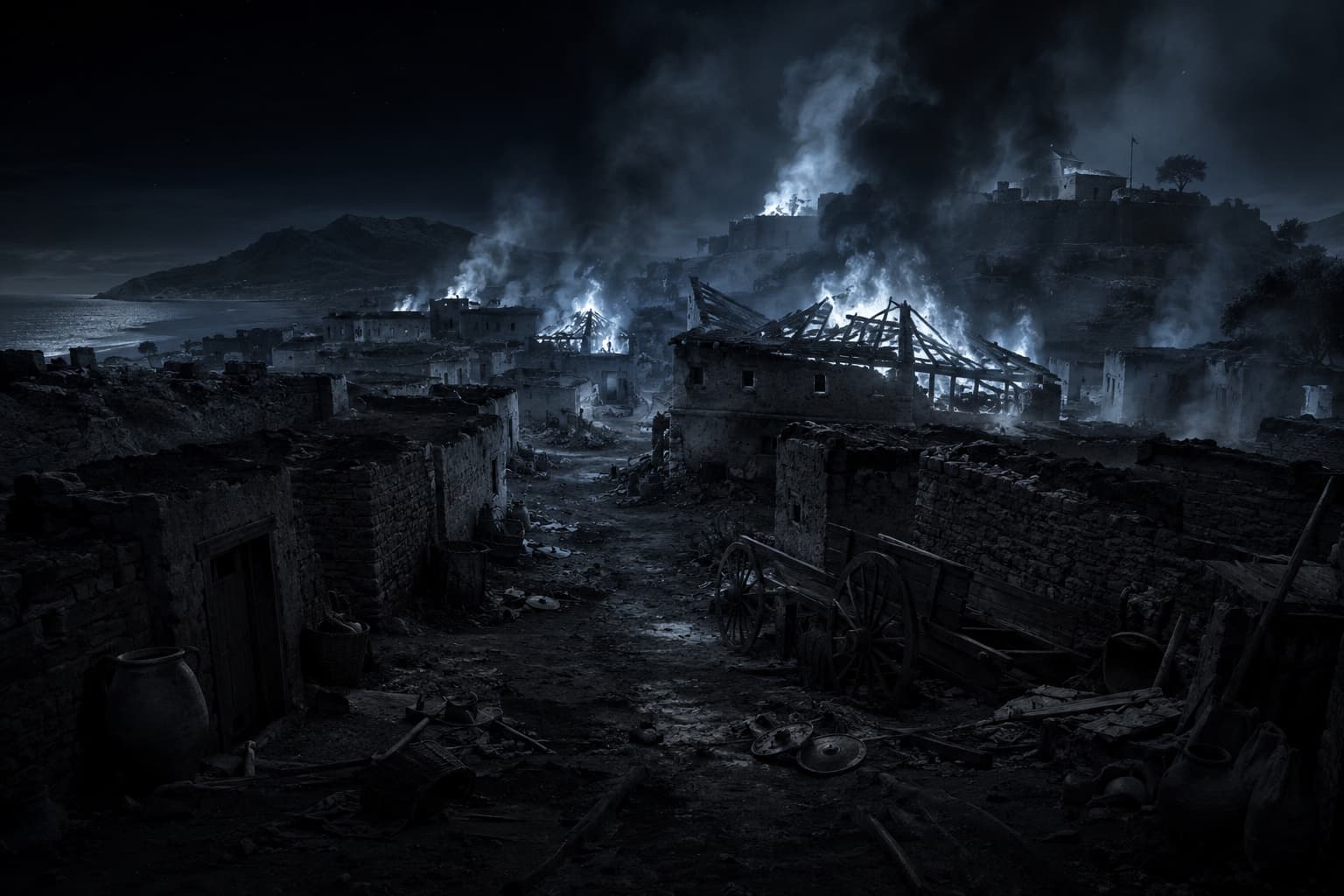 The town of the Cicones burning at night, seen from a ruined street.