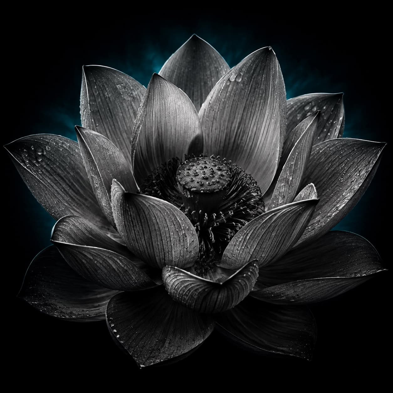 A lotus flower in close up, petals beaded with water.