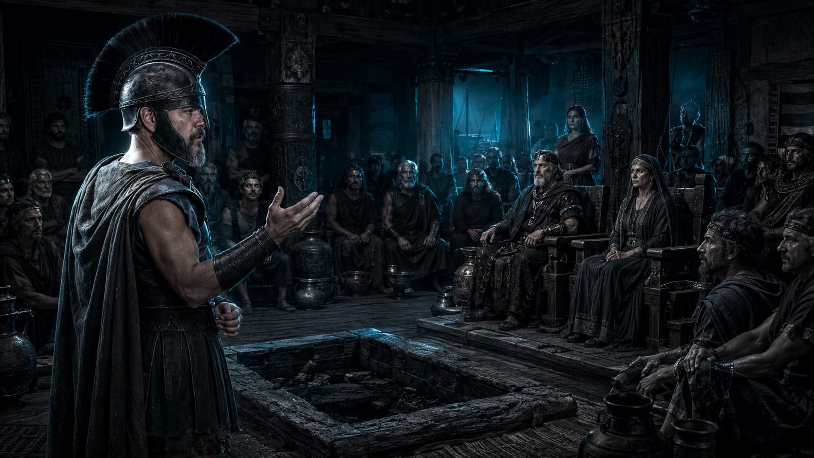 Odysseus speaking before the seated king and queen of the Phaeacians.