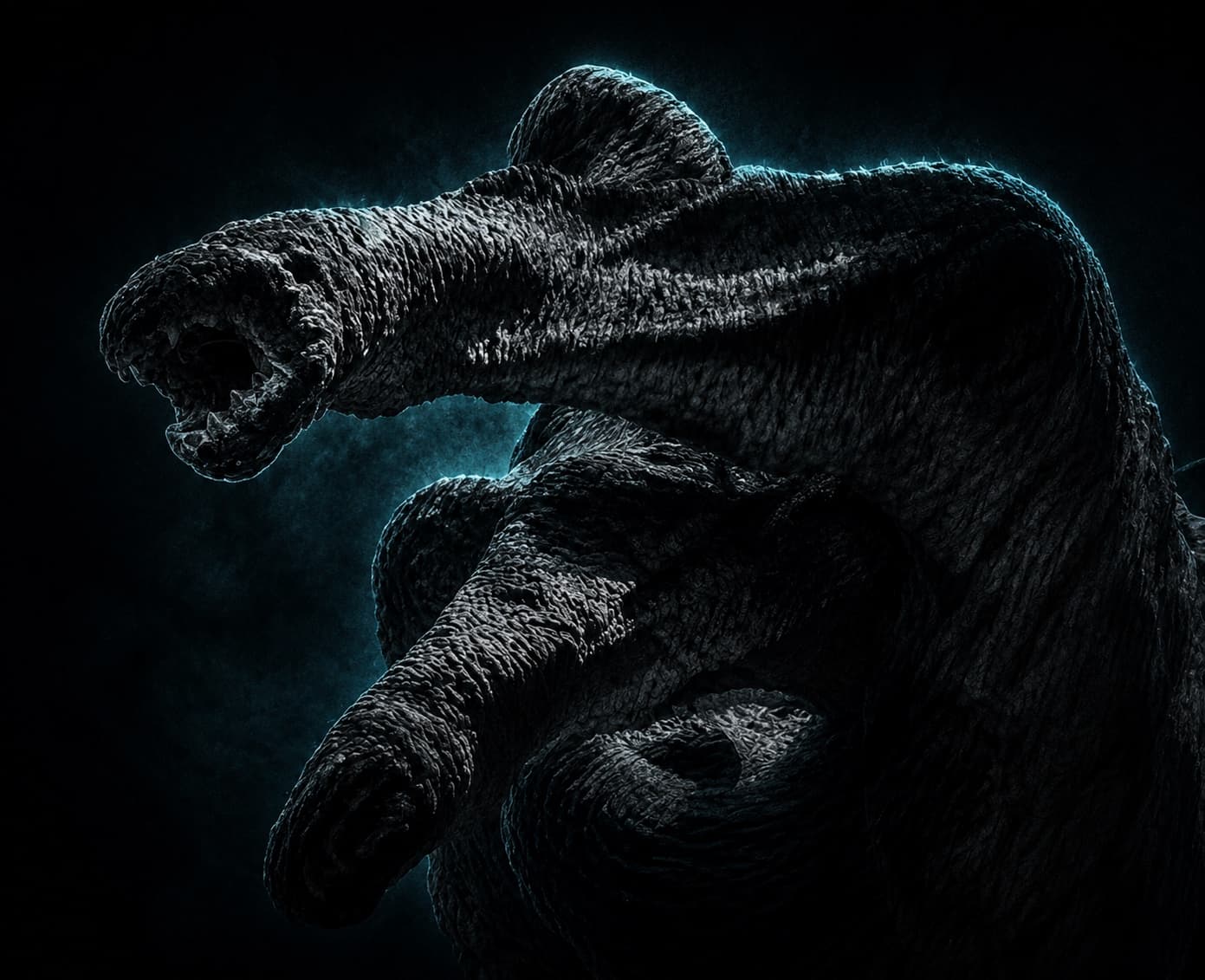 Two of Scylla’s necks curling out of the dark, one mouth open.