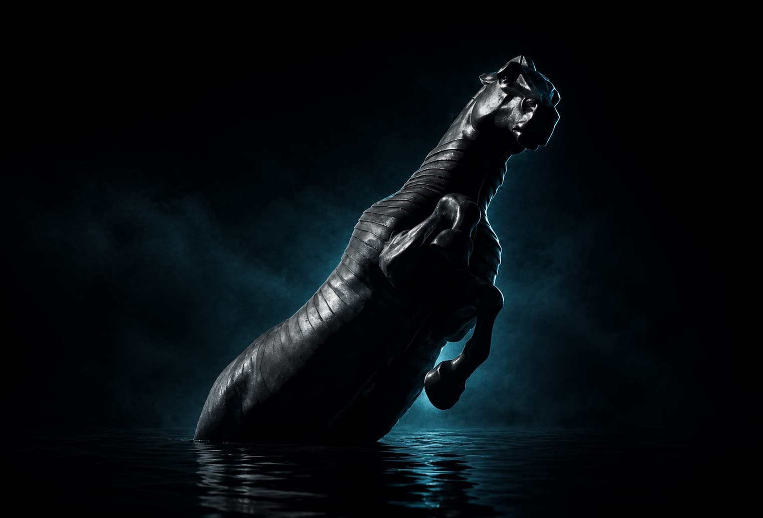 The wooden horse of Troy, rising out of dark water.