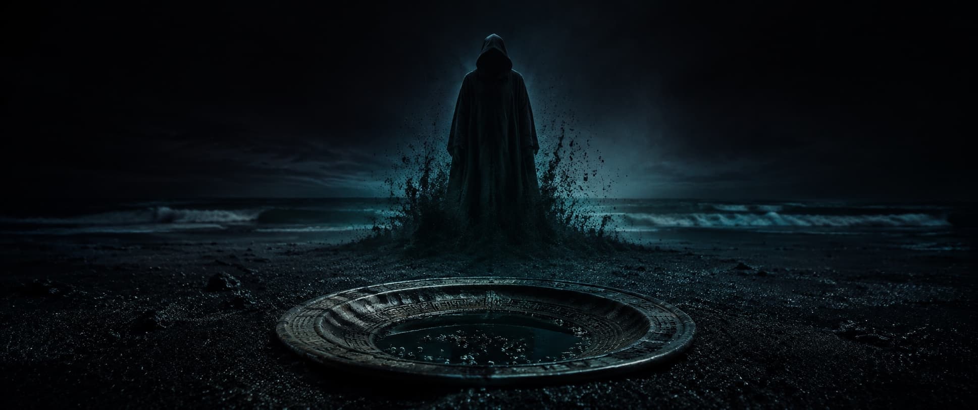 A hooded figure standing over a stone basin on a black shore.