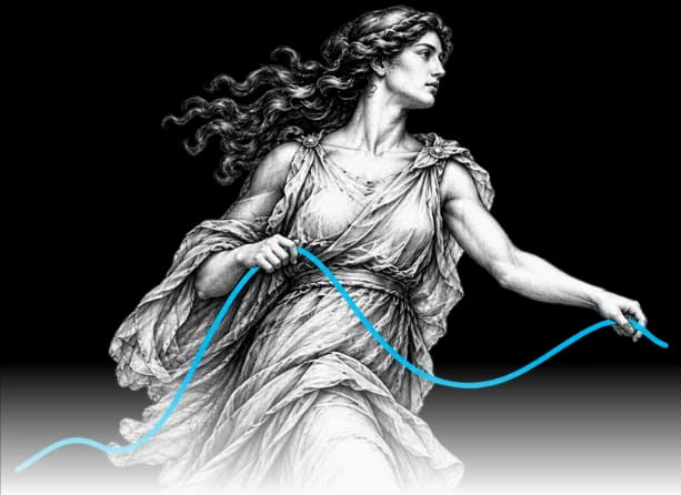 Ariadne die een draad in cyaan uitlegt achter zich