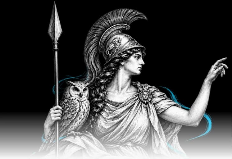 Athena met haar speer en haar uil, terwijl ze iets aanwijst
