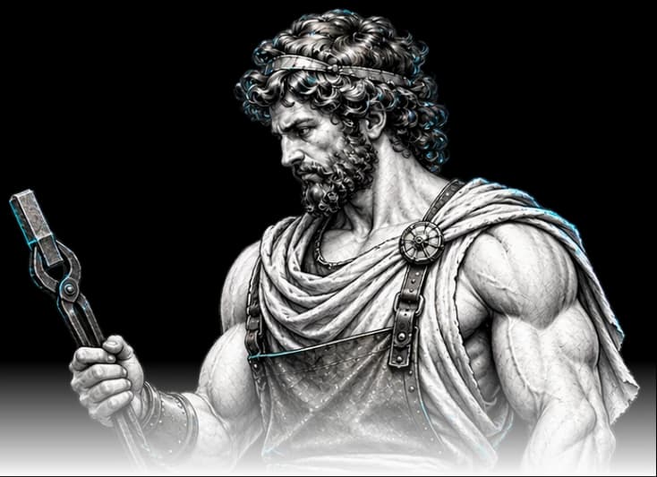 Hephaistos, de smid, met zijn tang in de hand en de blik erop gericht