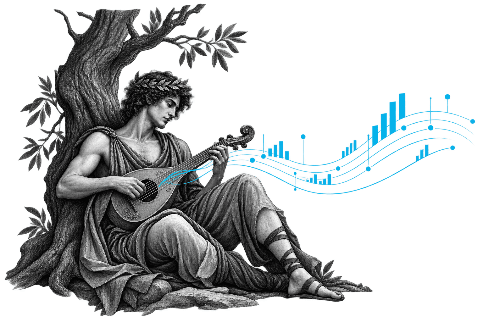 Orpheus speelt op zijn luit, en uit de snaren stroomt een notenbalk met staafjes en bolletjes naar rechts weg