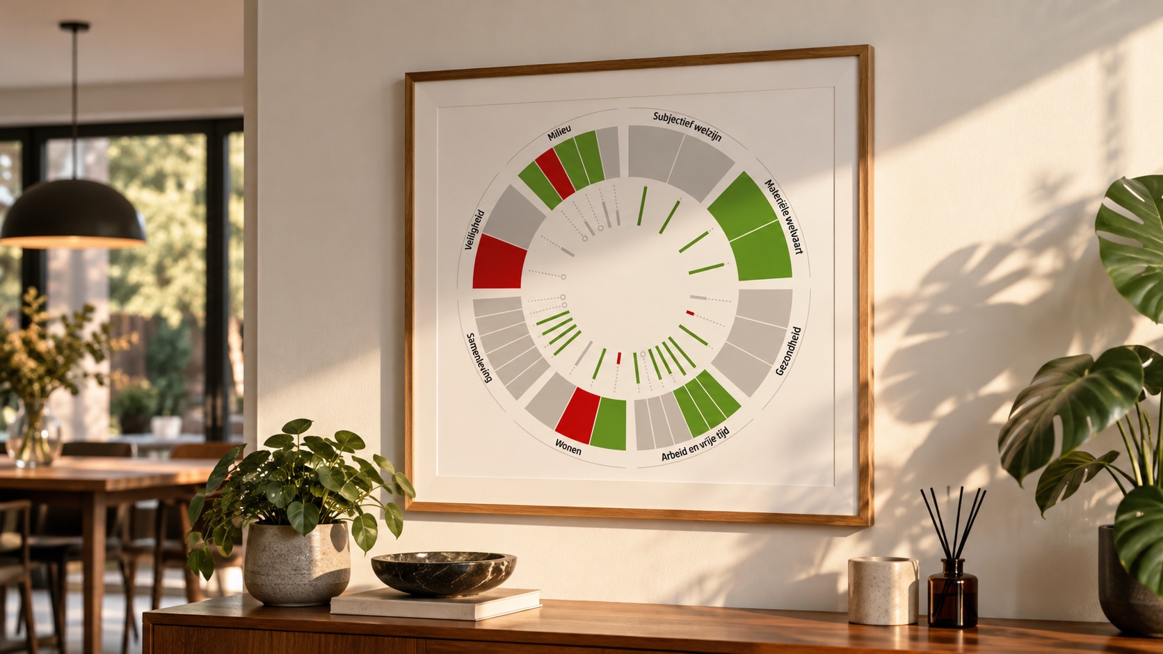 Mockup: het brede-welvaartswiel ingelijst aan de muur boven een dressoir, tussen planten.